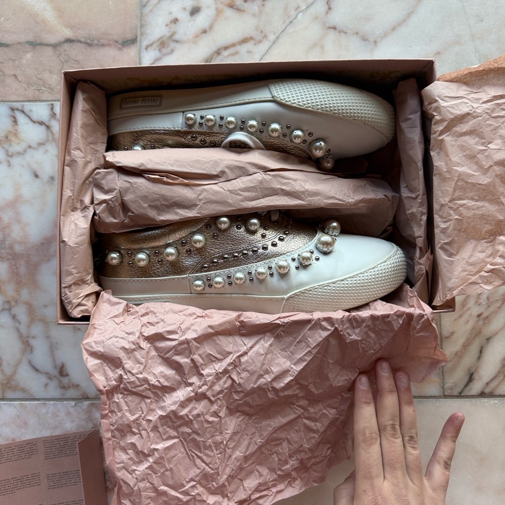 Miu Miu White and Gold Sneakers